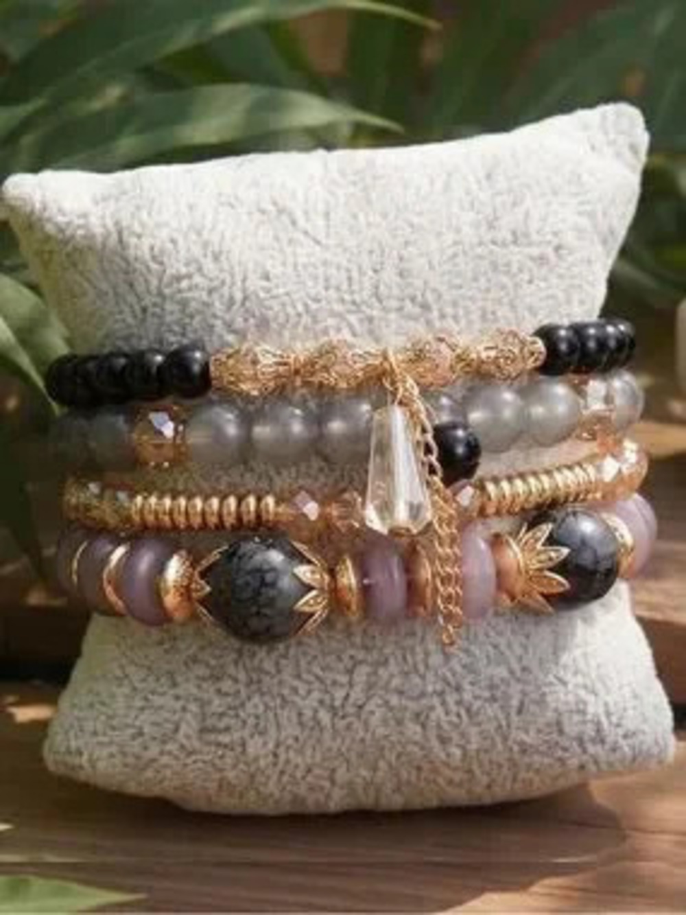 Anthropologie Gold, Gray, Black and Mauve Stacked Beaded Bracelet Set